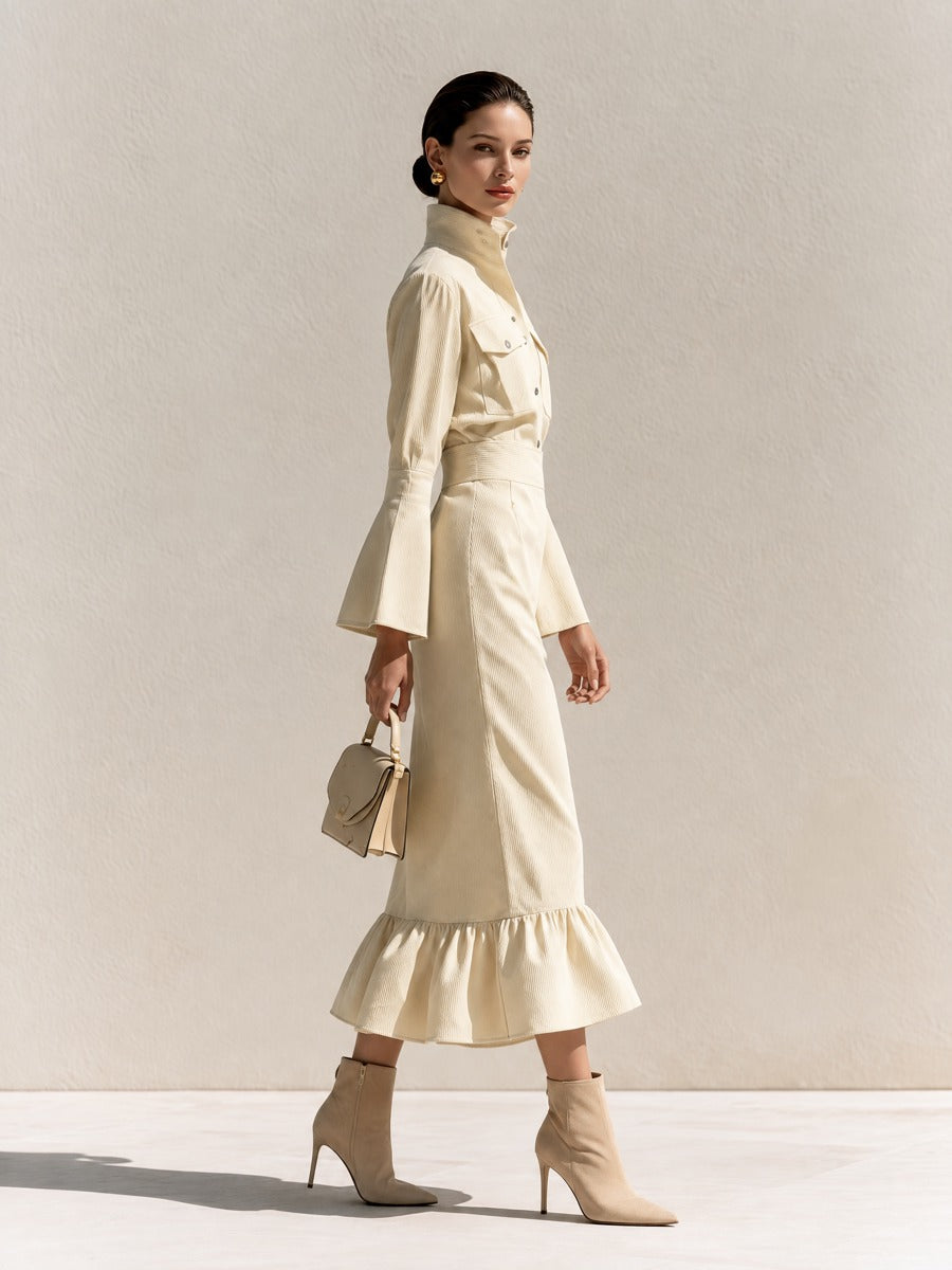 Women's Button Front Ruffle Hem Cream Dress