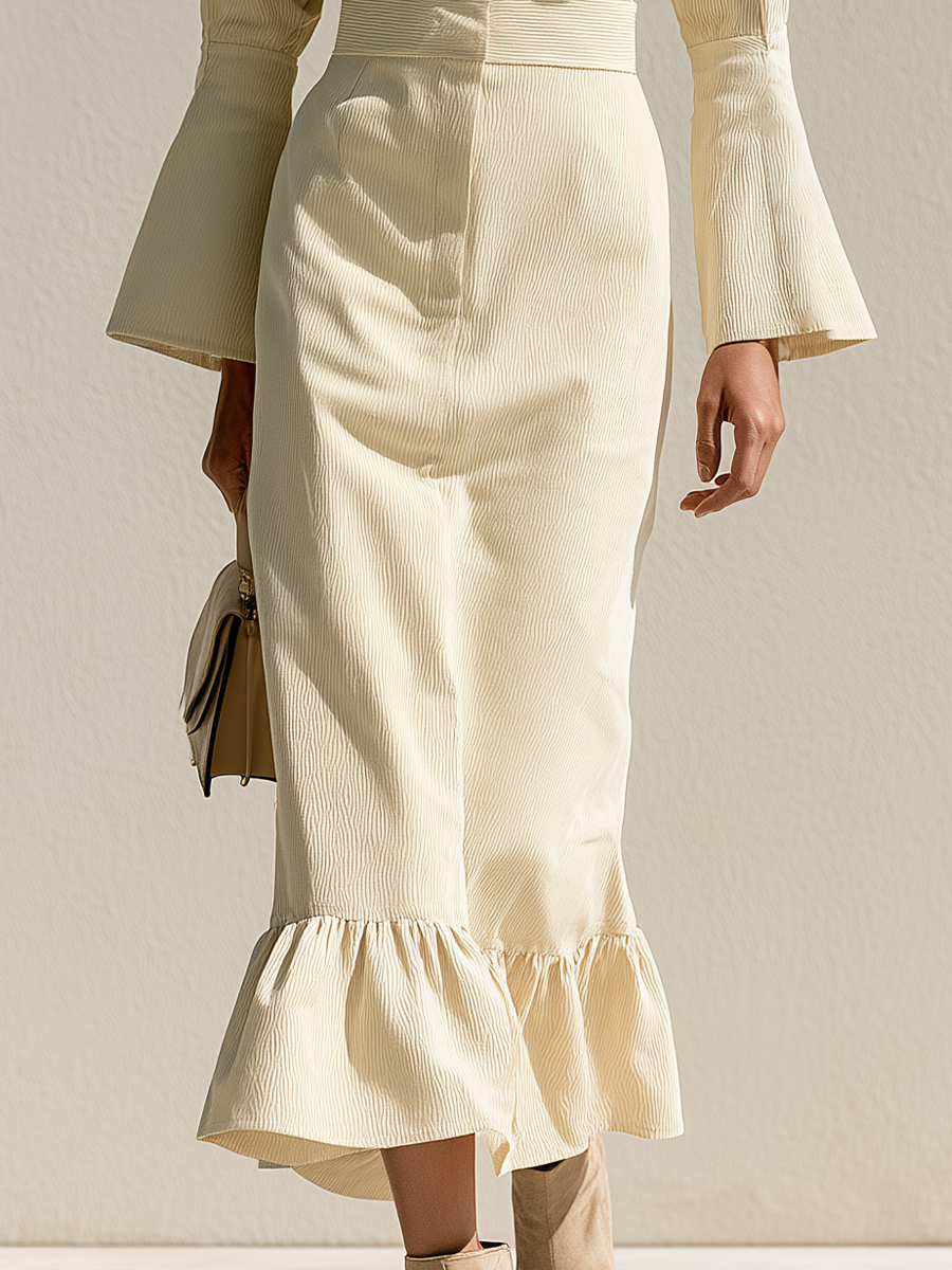 Women's Button Front Ruffle Hem Cream Dress