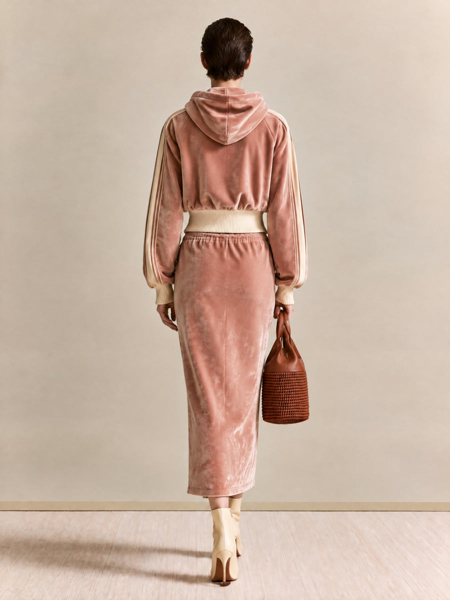 Women's Velvet Zip Hoodie Pink Midi Skirt Set