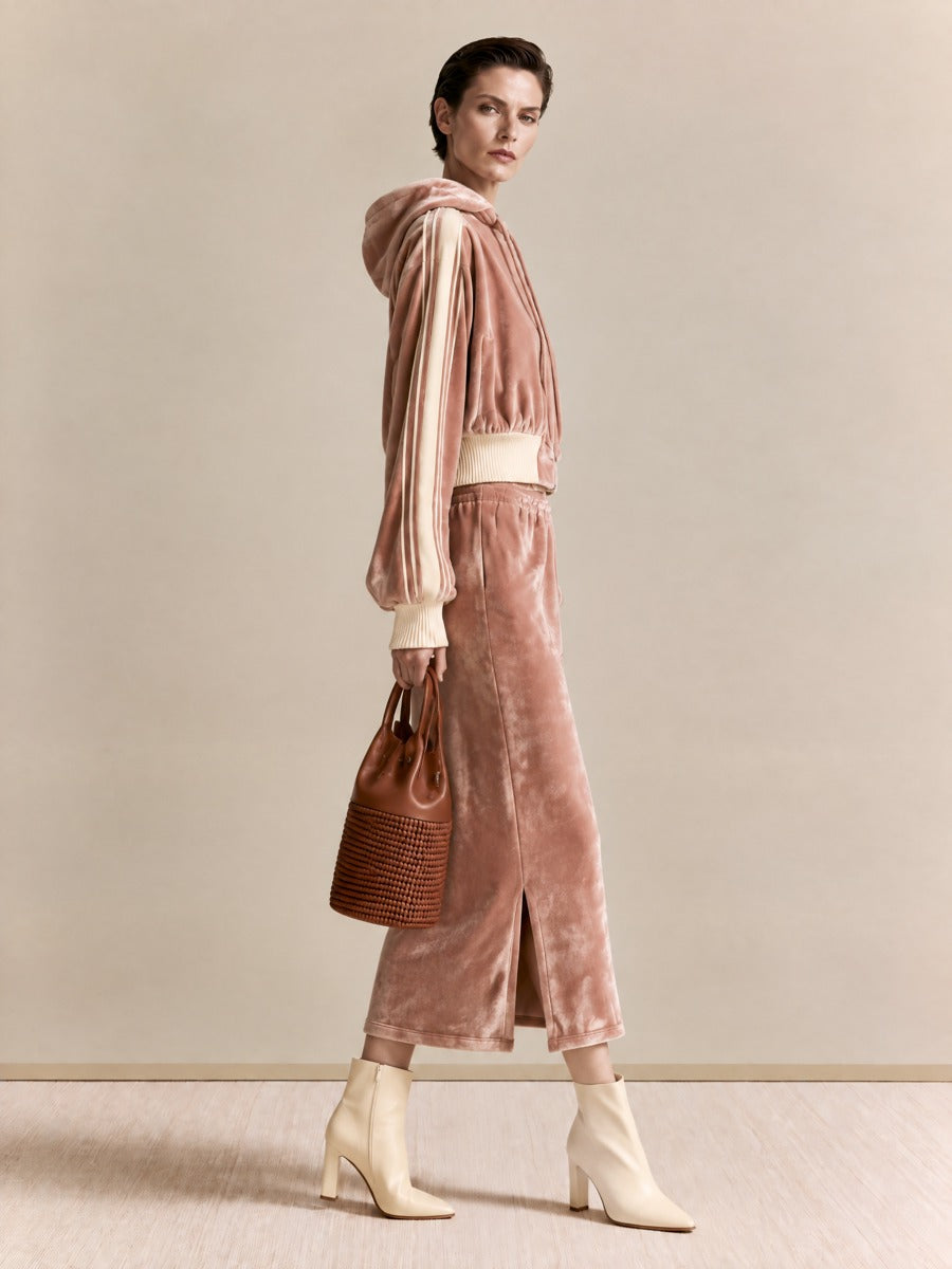 Women's Velvet Zip Hoodie Pink Midi Skirt Set