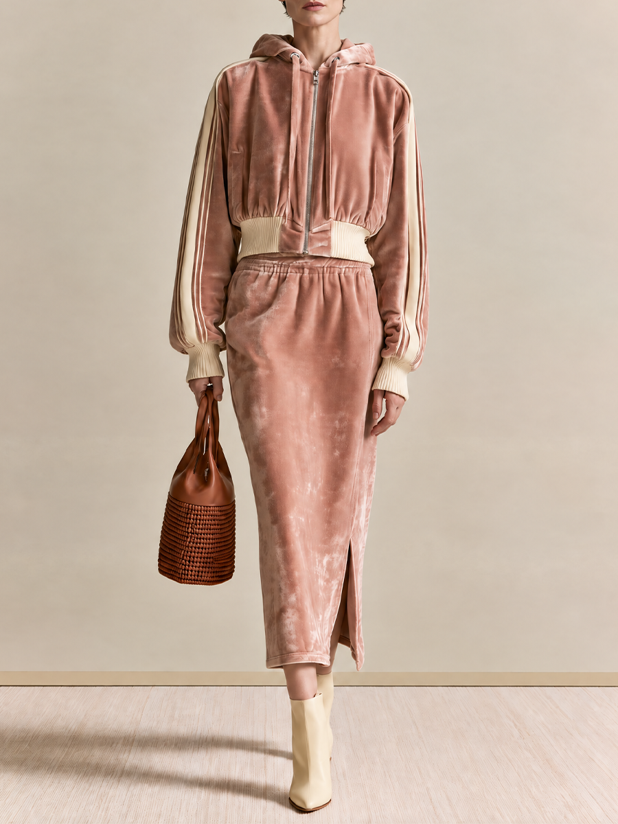 Women's Velvet Zip Hoodie Pink Midi Skirt Set