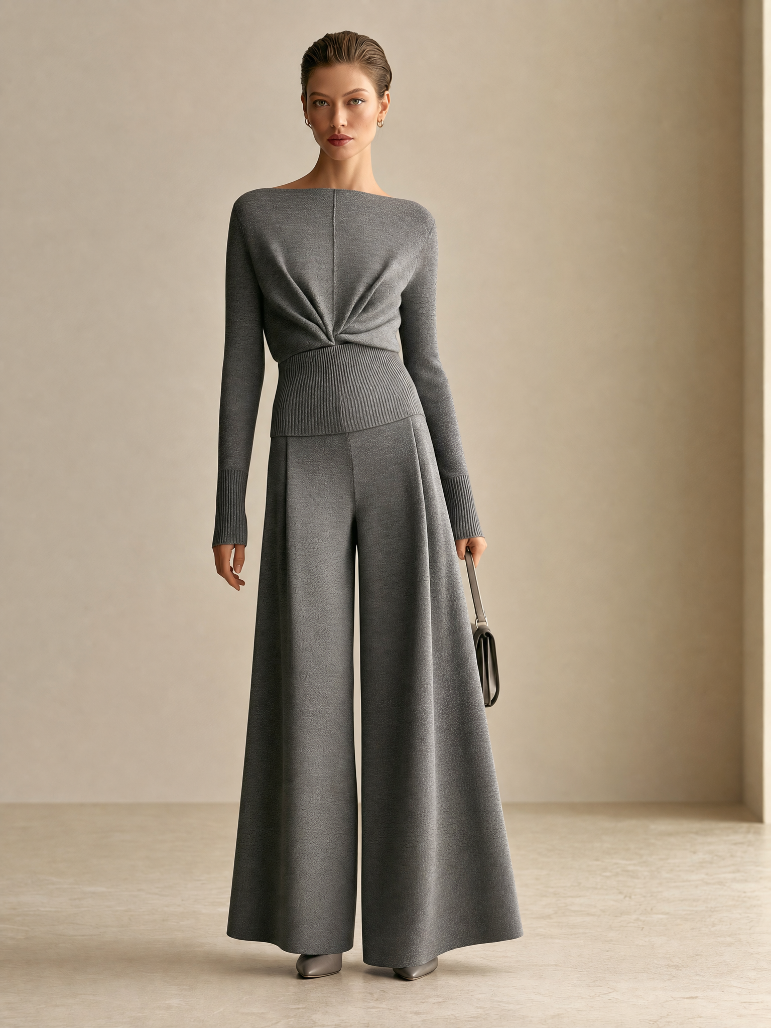 Women's Twist-Front Boat Neck Knit Top & Wide Leg Pants Two-Piece Set