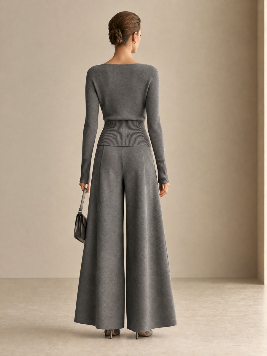 Women's Twist-Front Boat Neck Knit Top & Wide Leg Pants Two-Piece Set