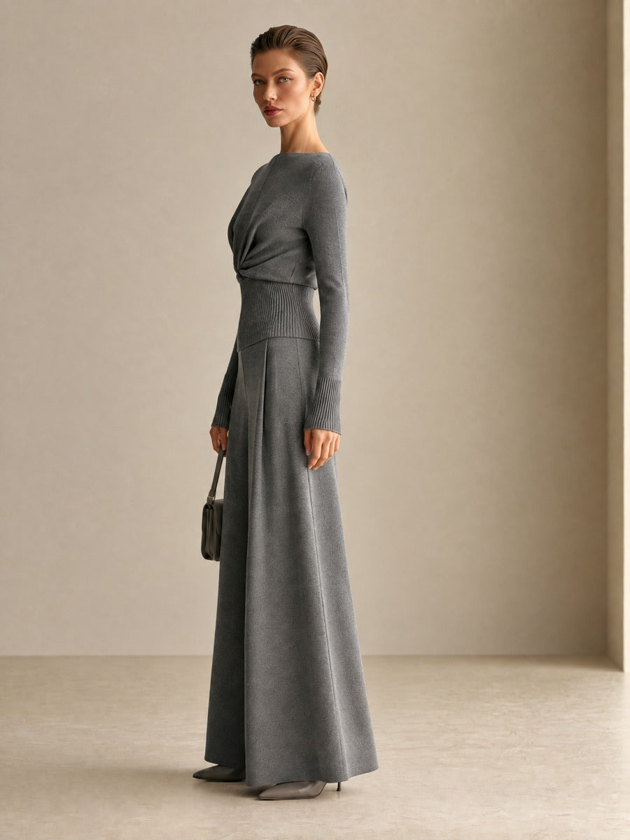 Women's Twist-Front Boat Neck Knit Top & Wide Leg Pants Two-Piece Set