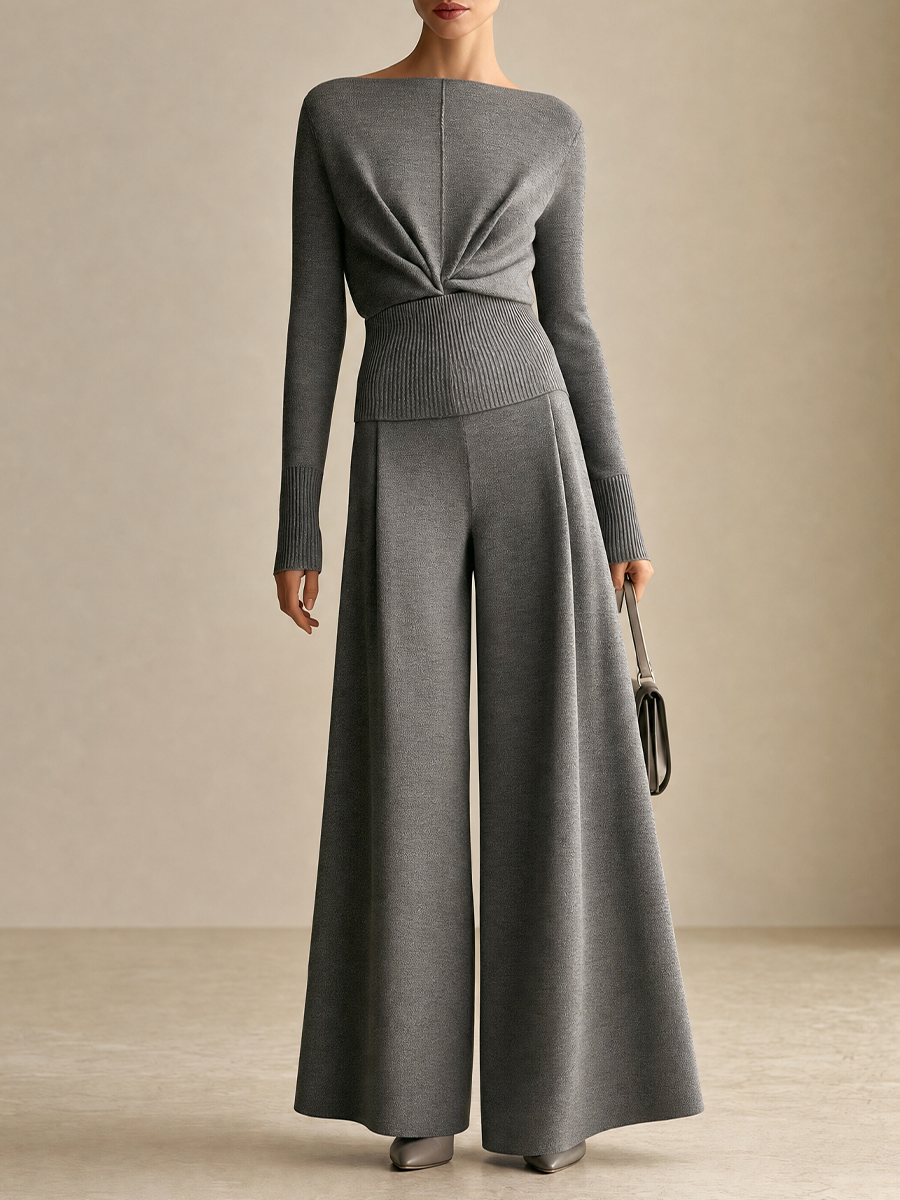 Women's Twist-Front Boat Neck Knit Top & Wide Leg Pants Two-Piece Set