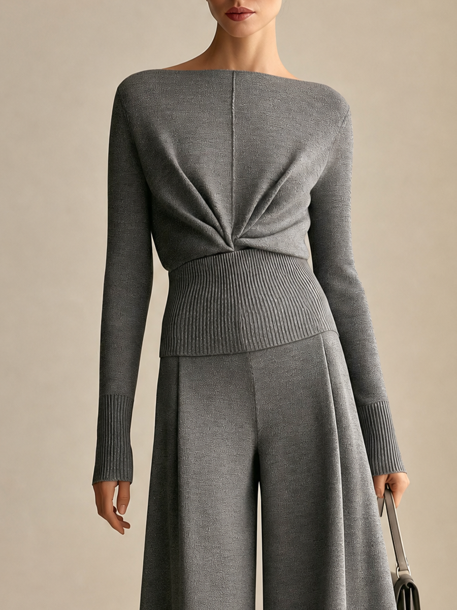 Women's Twist-Front Boat Neck Knit Top & Wide Leg Pants Two-Piece Set