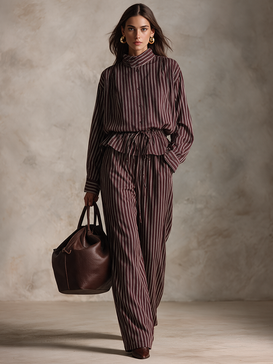 Women's Vintage Striped Shirt & Wide-Leg Pants Set