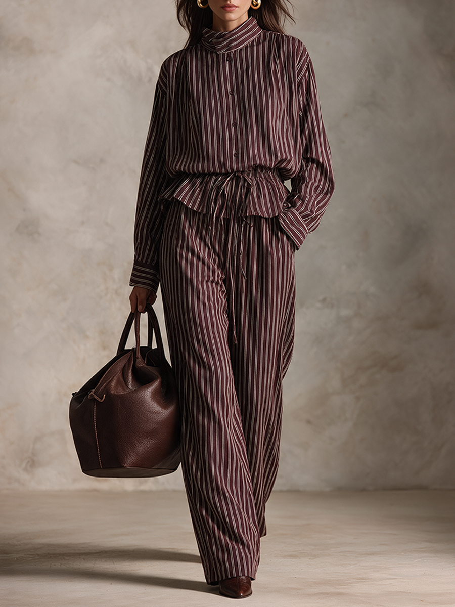 Women's Vintage Striped Shirt & Wide-Leg Pants Set