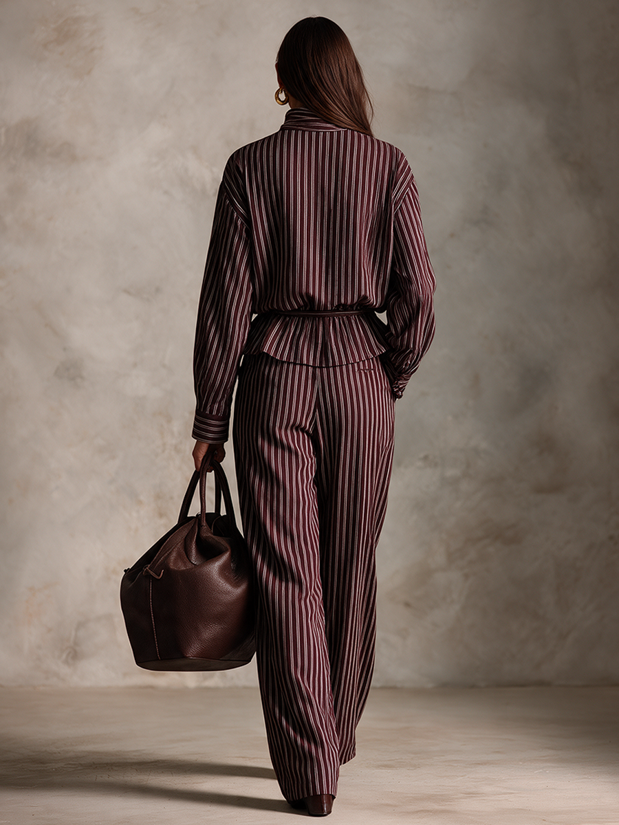 Women's Vintage Striped Shirt & Wide-Leg Pants Set