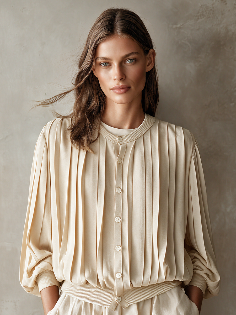 Women's Accordion-Pleated Single-Breasted Long-Sleeve Top
