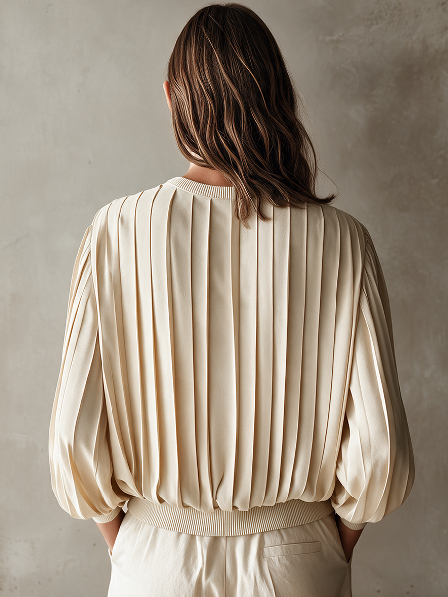 Women's Accordion-Pleated Single-Breasted Long-Sleeve Top