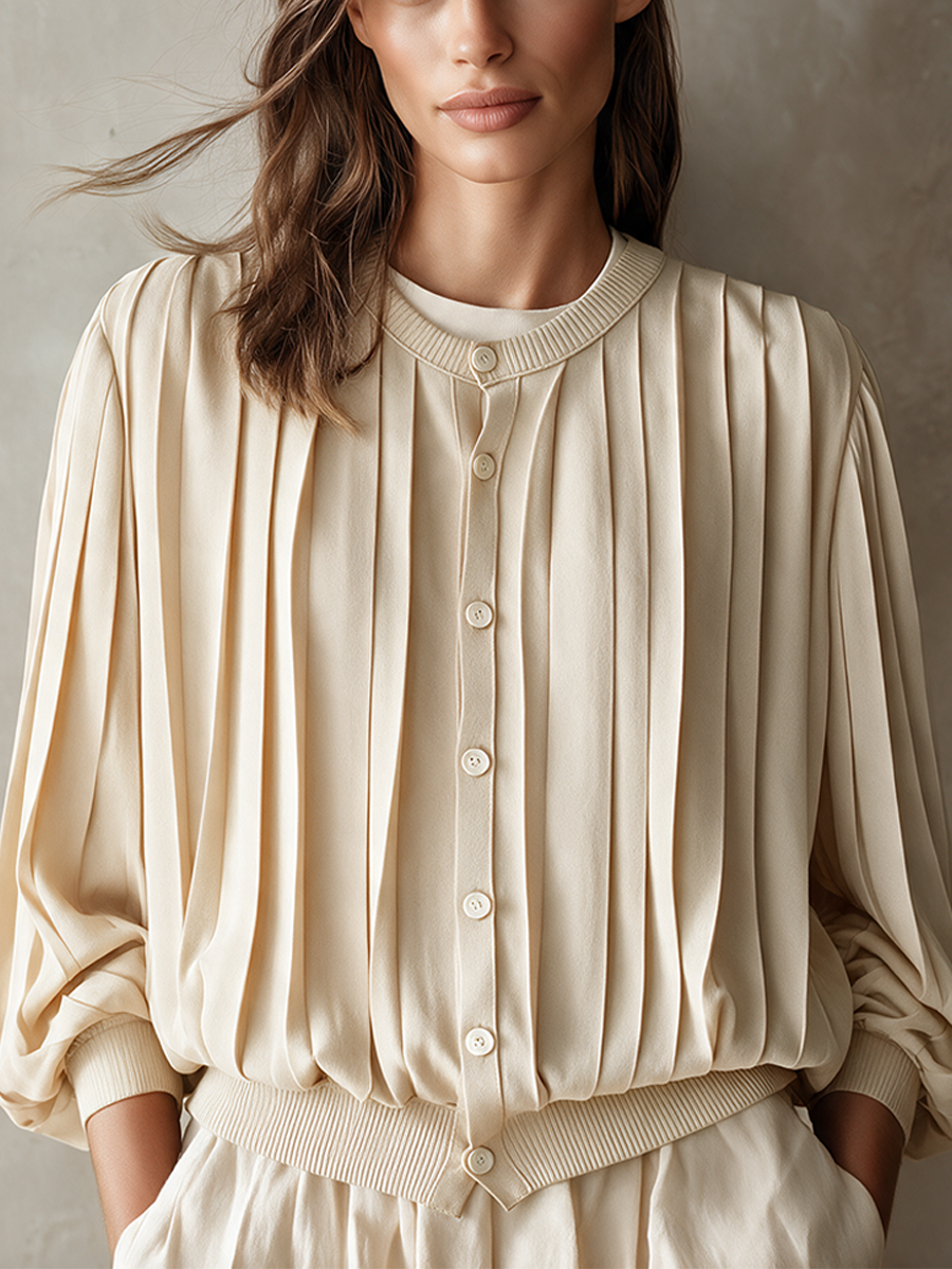 Women's Accordion-Pleated Single-Breasted Long-Sleeve Top