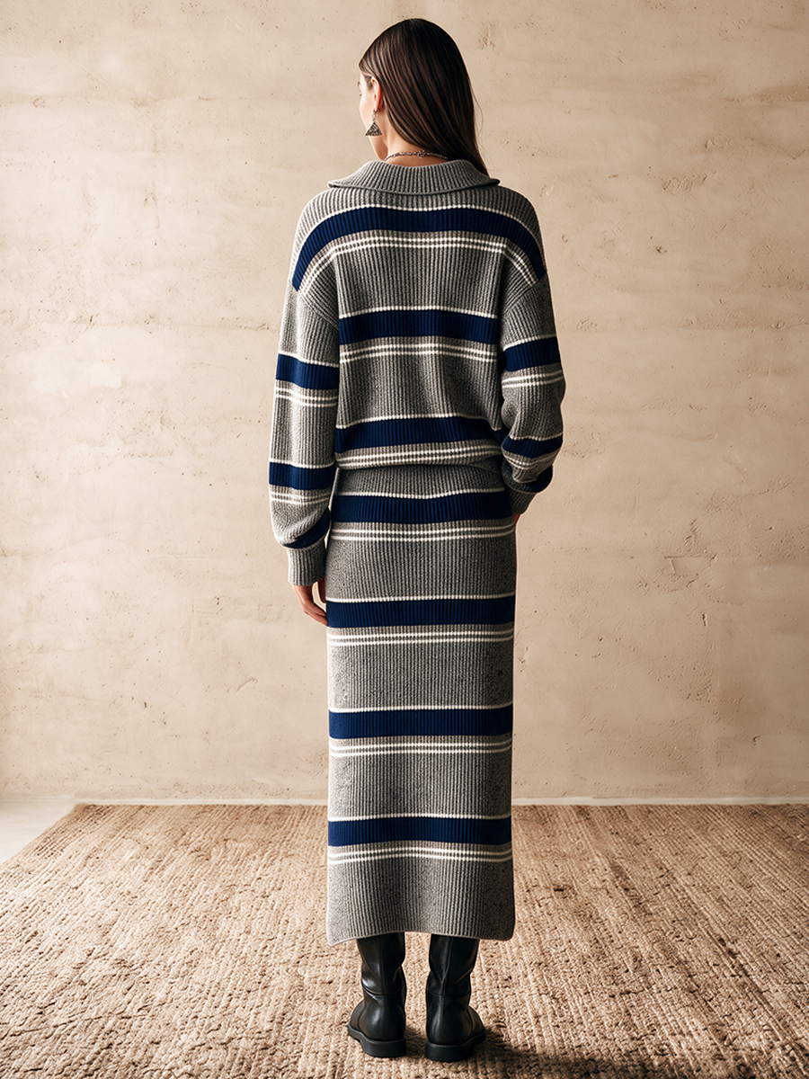 Women's Striped Ribbed Knit Half-Zip Top And Skirt Set