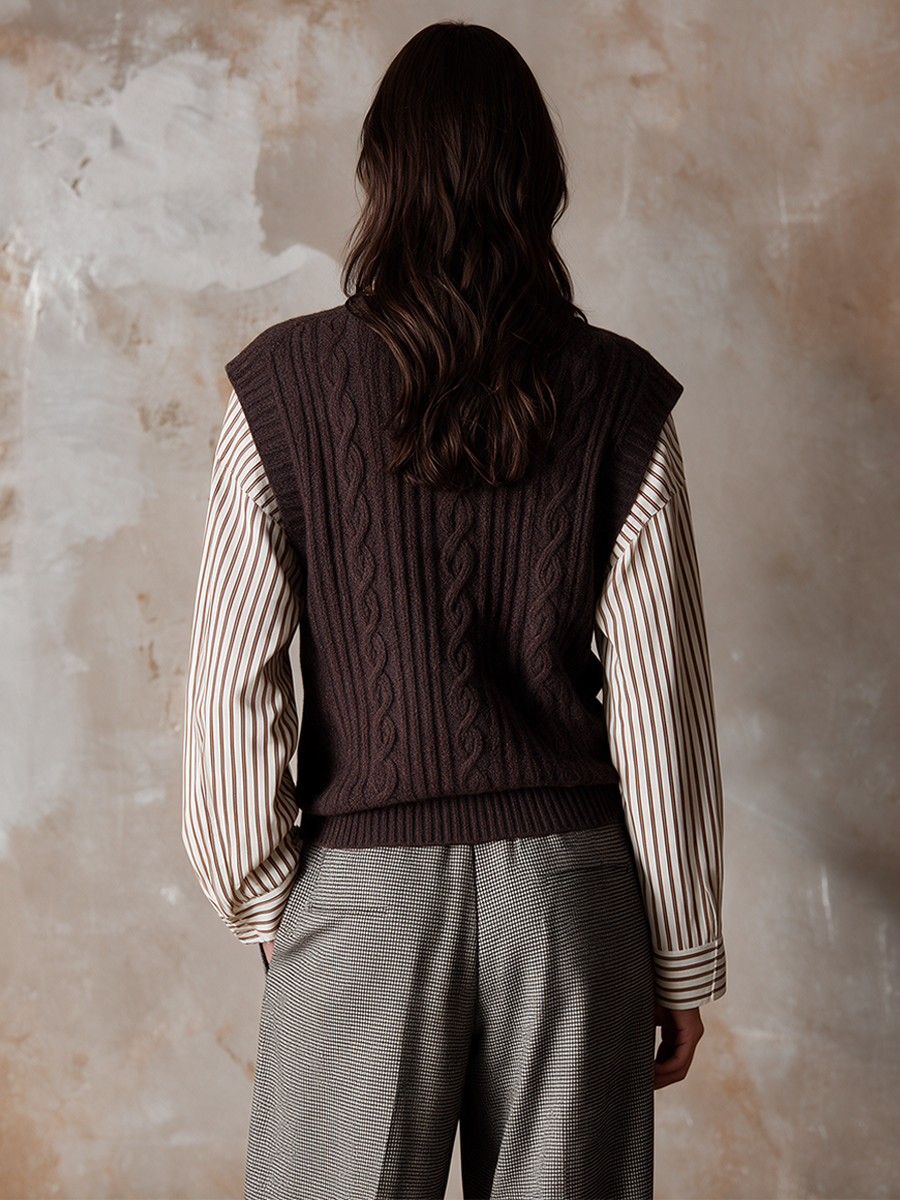 Women's V-Neck Zip-Front Cable-Knit Vest (Inner Layer Not Included)