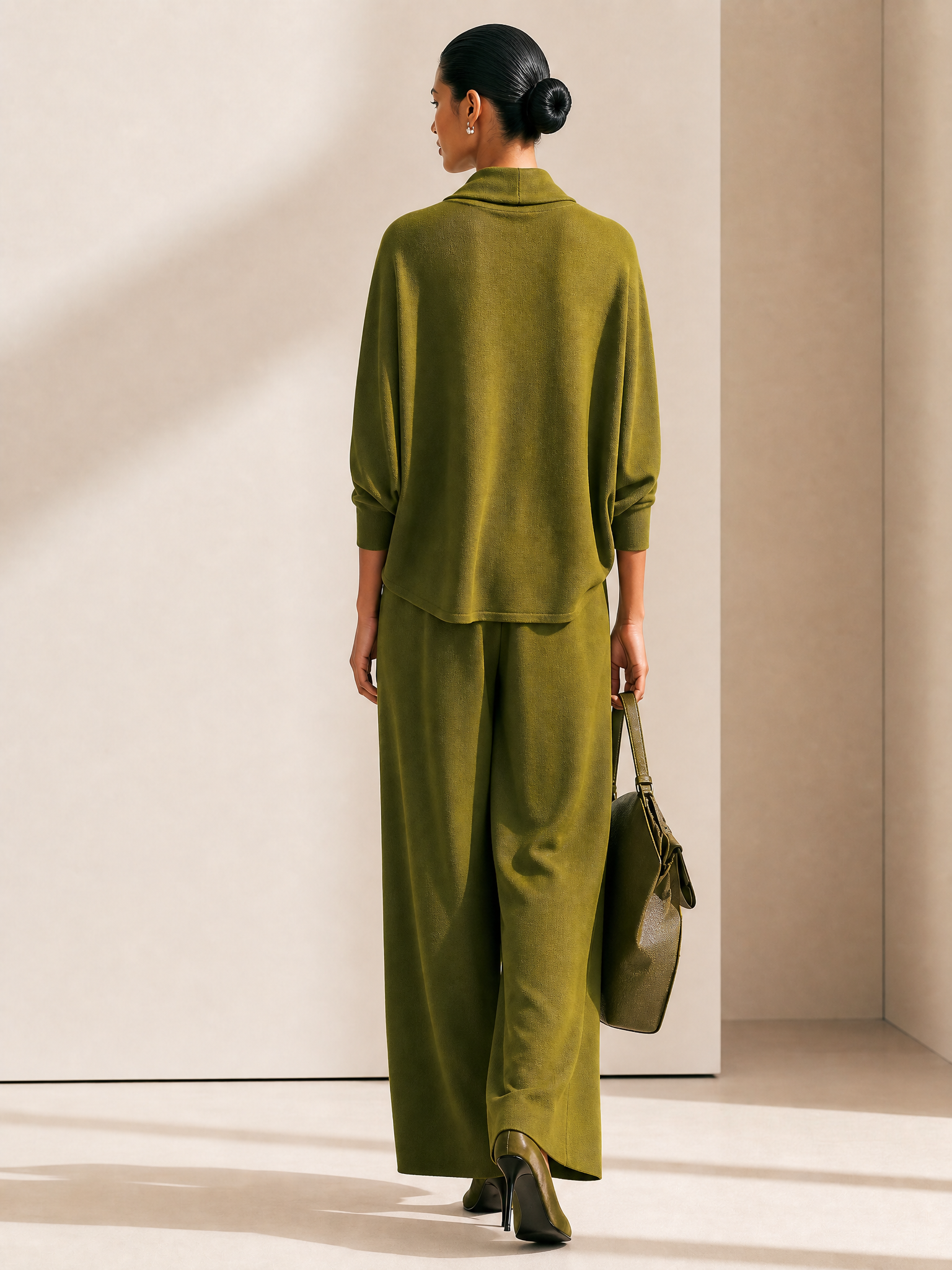 Women's Cowl Neck Batwing Top & Wide-Leg Drawstring Trousers Set