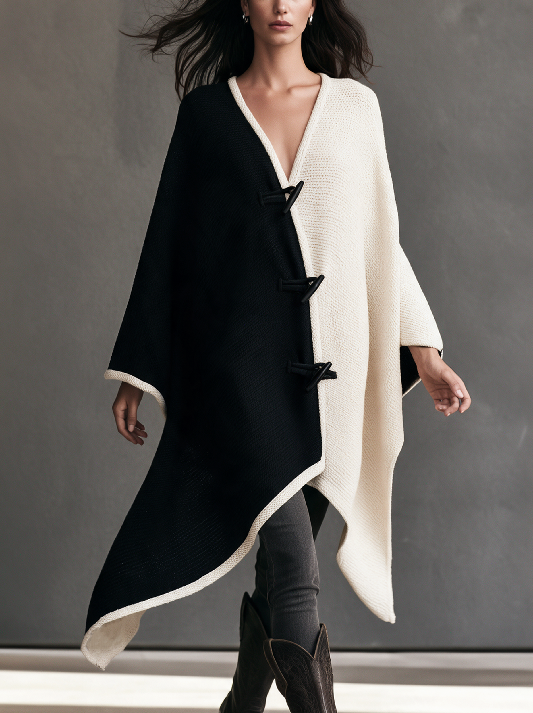 Women's Casual Black & White Color-Block Reversible Knit Long-Sleeve Cardigan