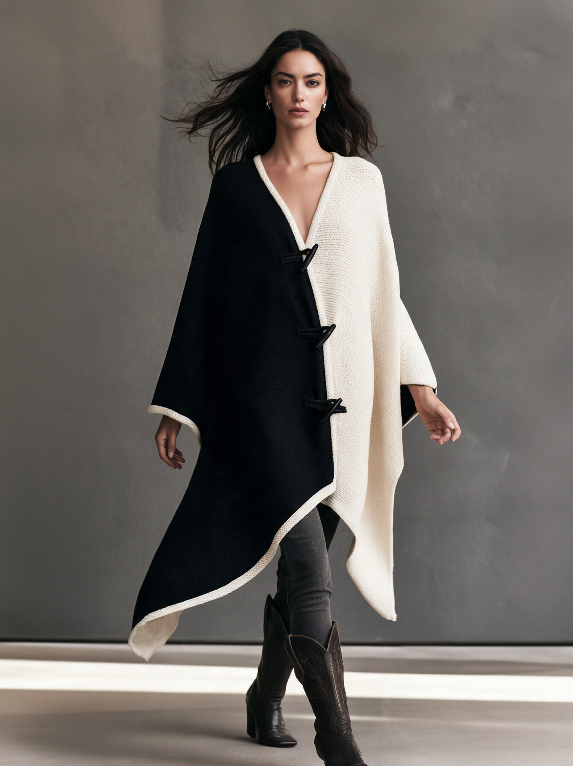 Women's Casual Black & White Color-Block Reversible Knit Long-Sleeve Cardigan