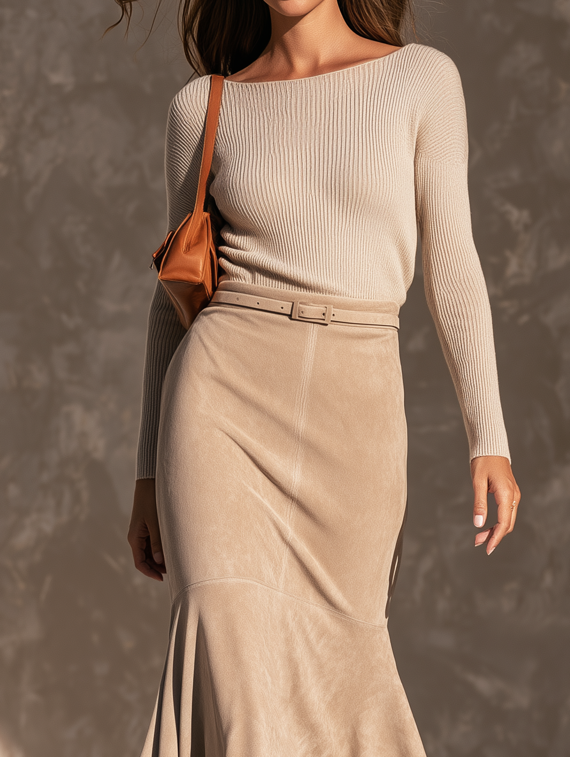 Women's Casual Beige Knit Top And Khaki Suede Skirt Set