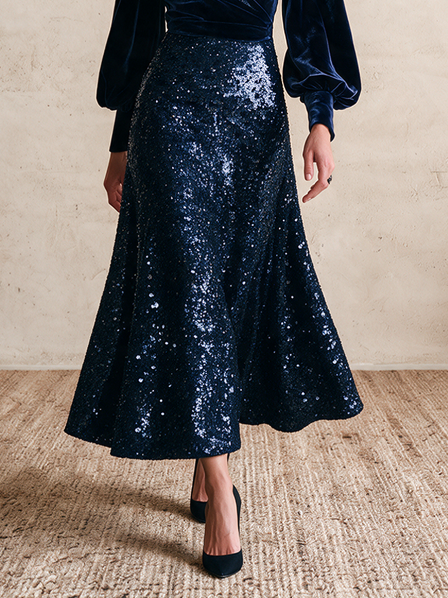 Women's Velvet And Sequin Long-Sleeve V-Neck Dress