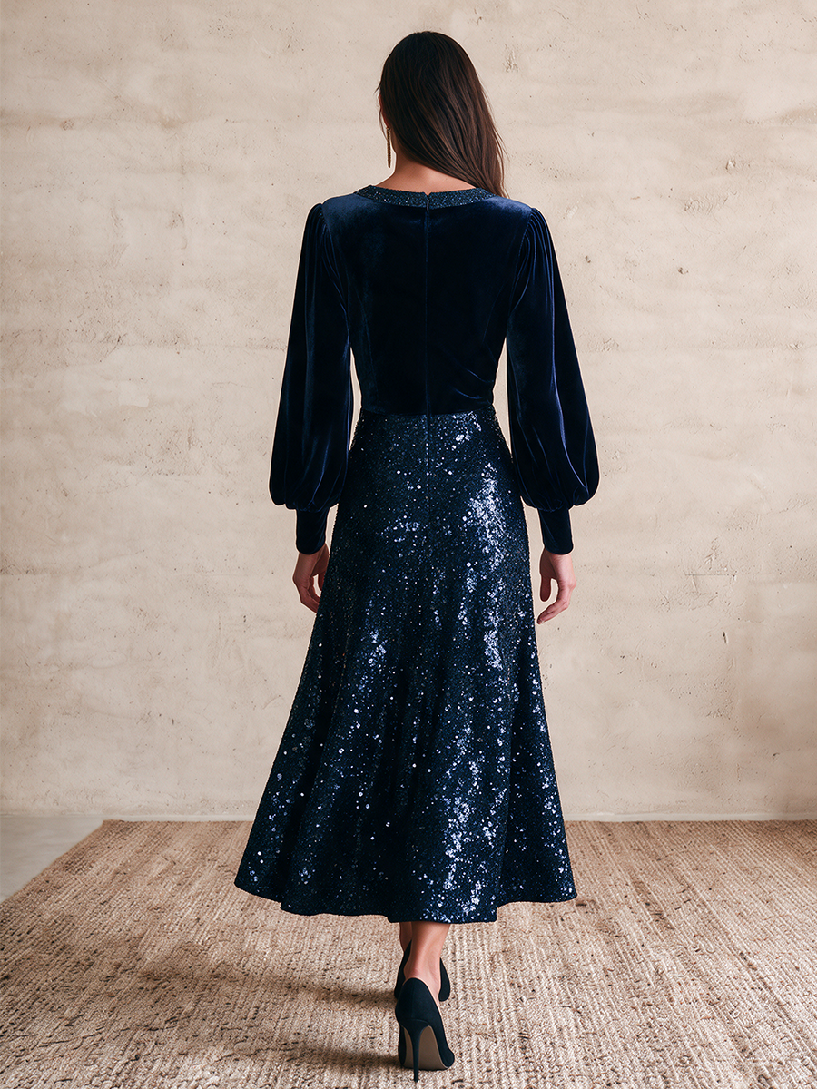 Women's Velvet And Sequin Long-Sleeve V-Neck Dress
