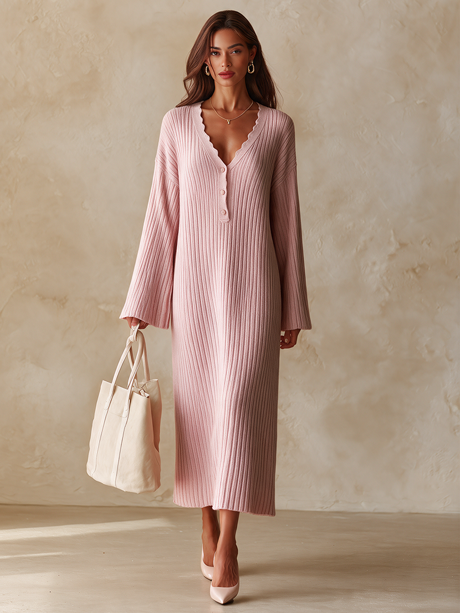 Women's Ribbed Knit Long-Sleeve V-Neck Dress