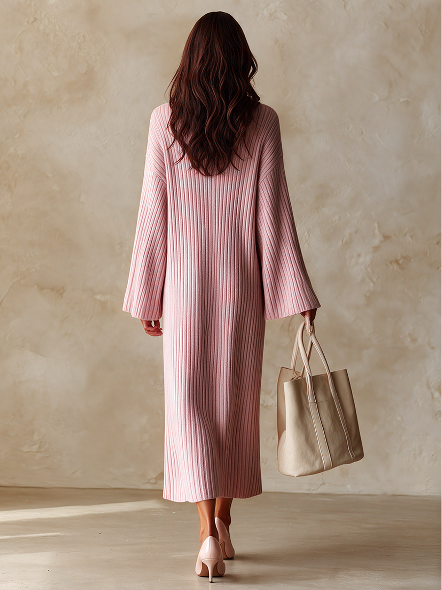 Women's Ribbed Knit Long-Sleeve V-Neck Dress