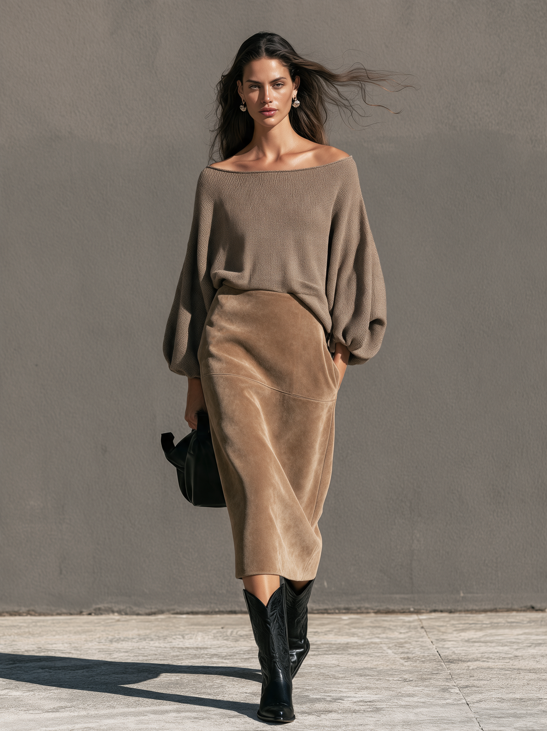 Women's Casual Two-piece Set Featuring A Brown Stretch-knit Long-sleeve Top And A Suede Skirt