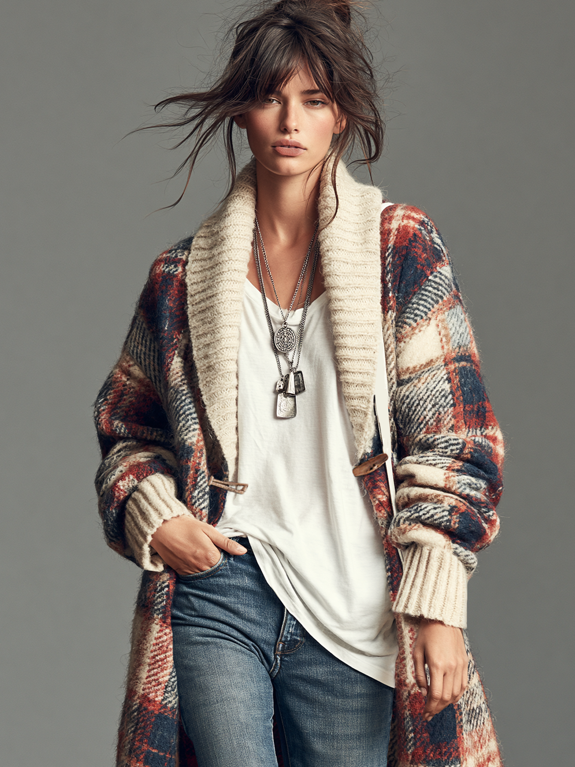 Women's Vintage Plaid Jacquard Shawl-Collar Toggle Cardigan