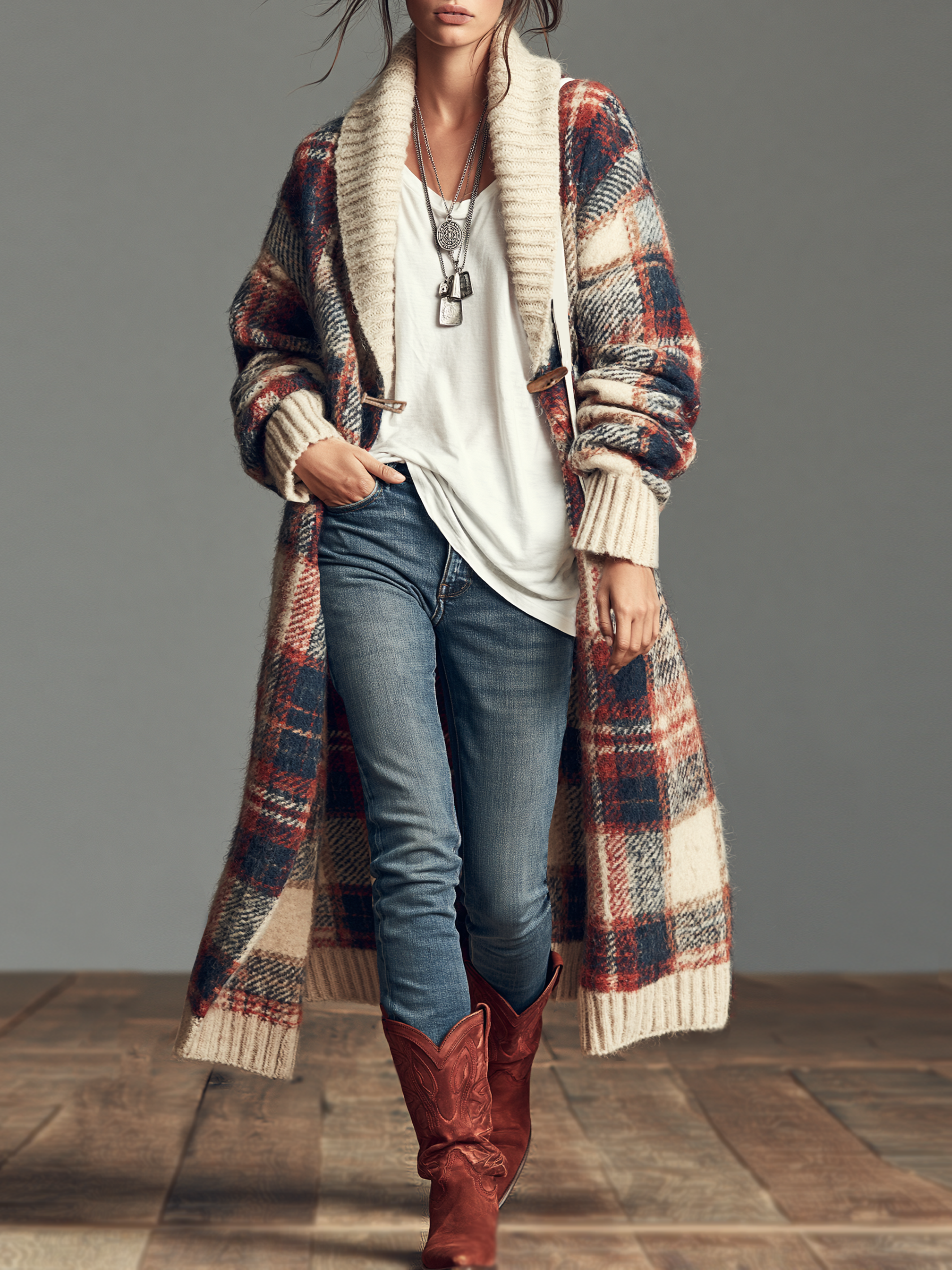 Women's Vintage Plaid Jacquard Shawl-Collar Toggle Cardigan