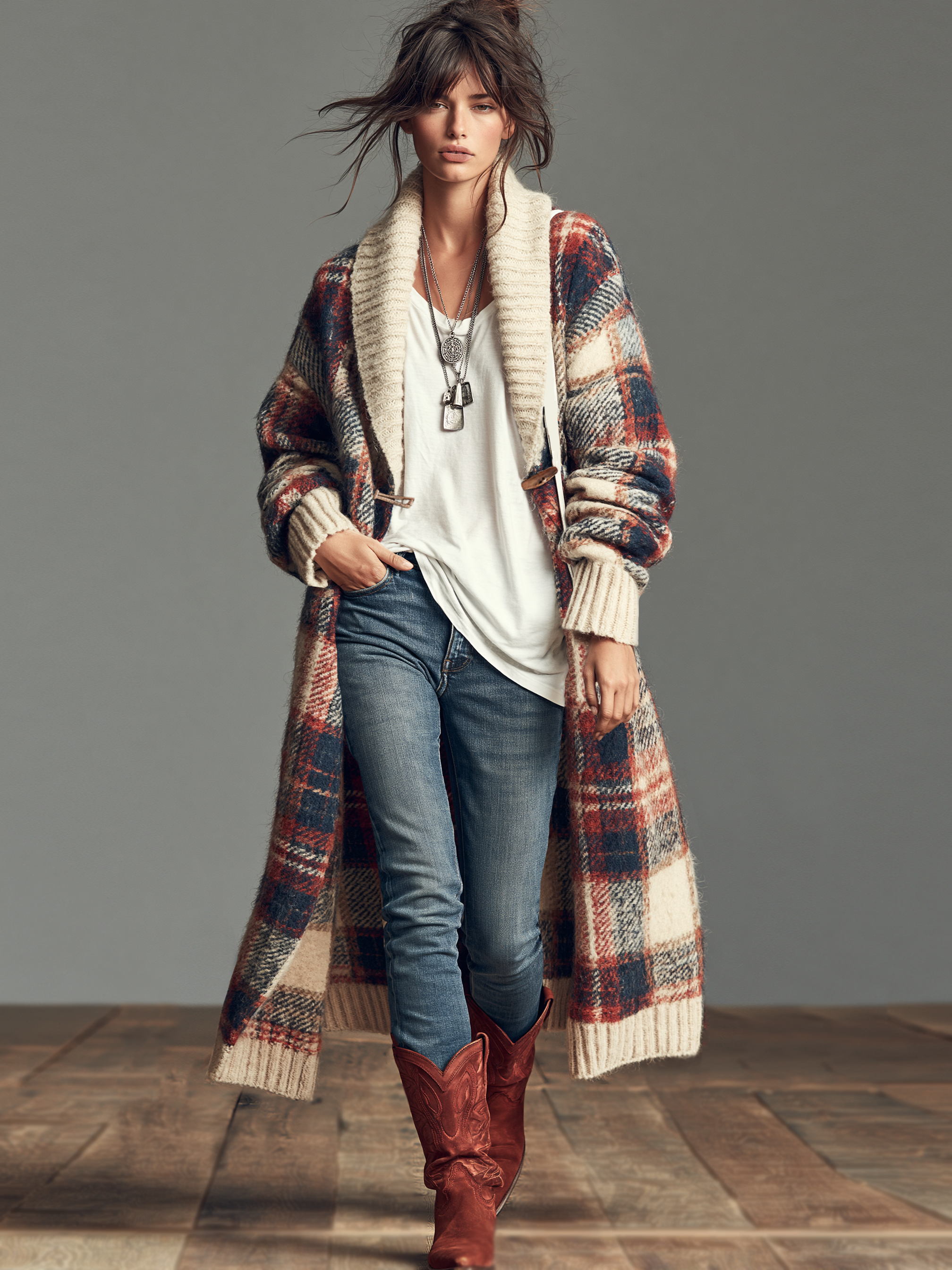 Women's Vintage Plaid Jacquard Shawl-Collar Toggle Cardigan