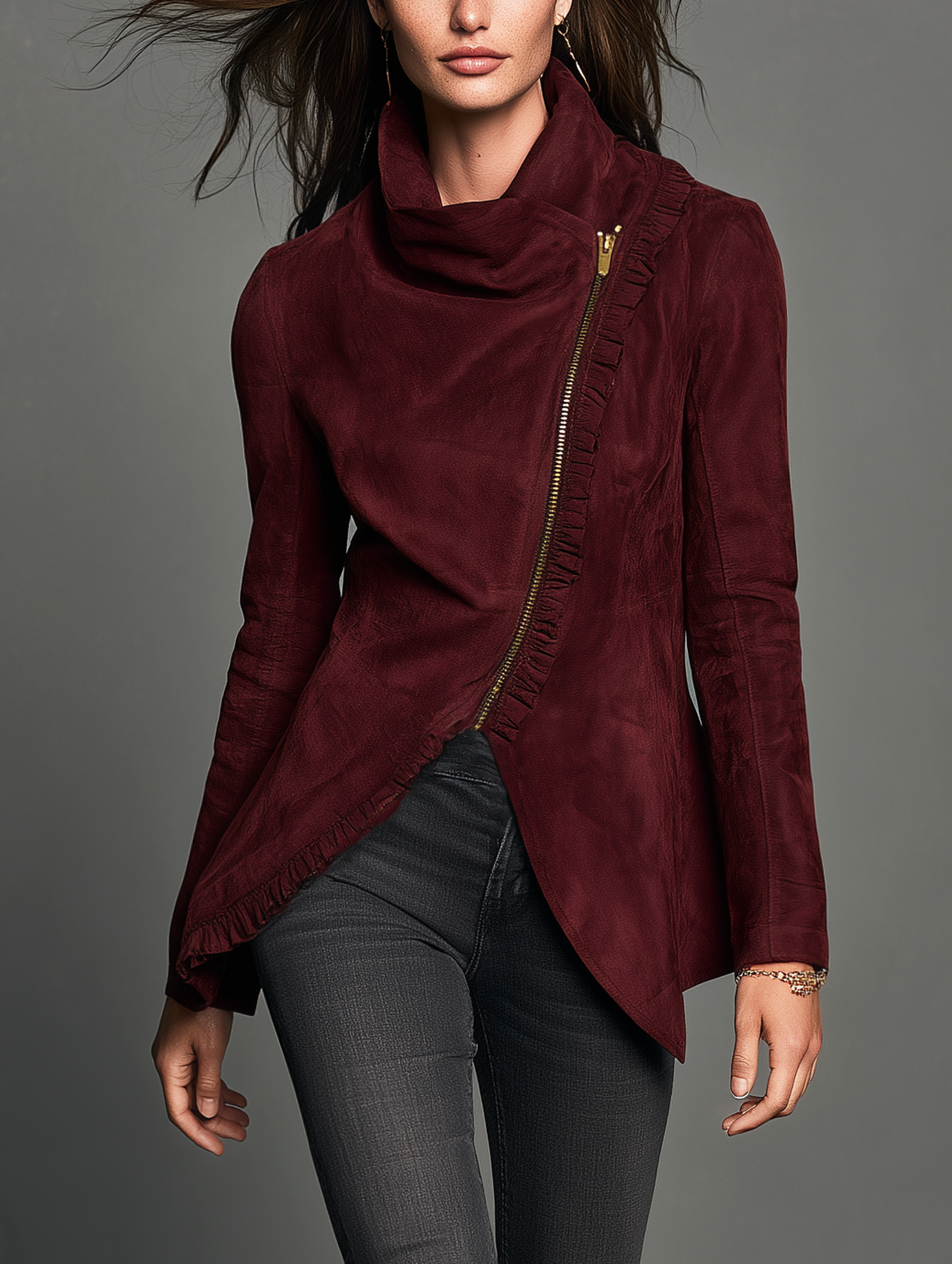 Women's Casual Long-sleeve Deep Burgundy Suede Jacket