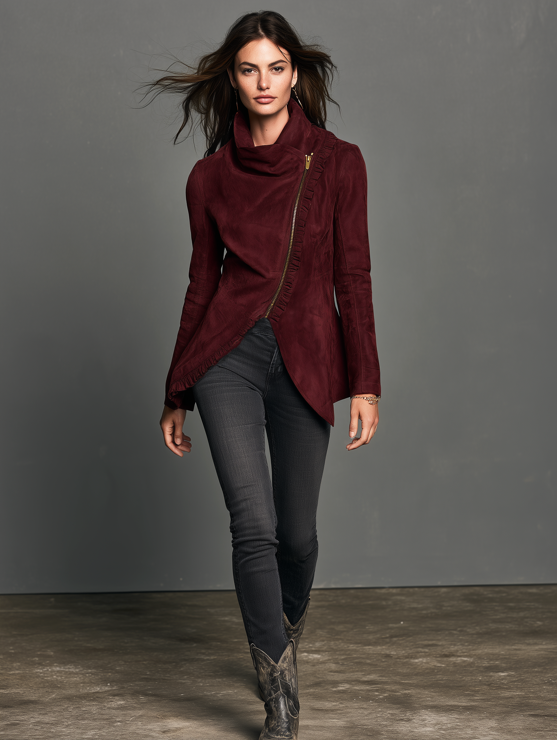 Women's Casual Long-sleeve Deep Burgundy Suede Jacket