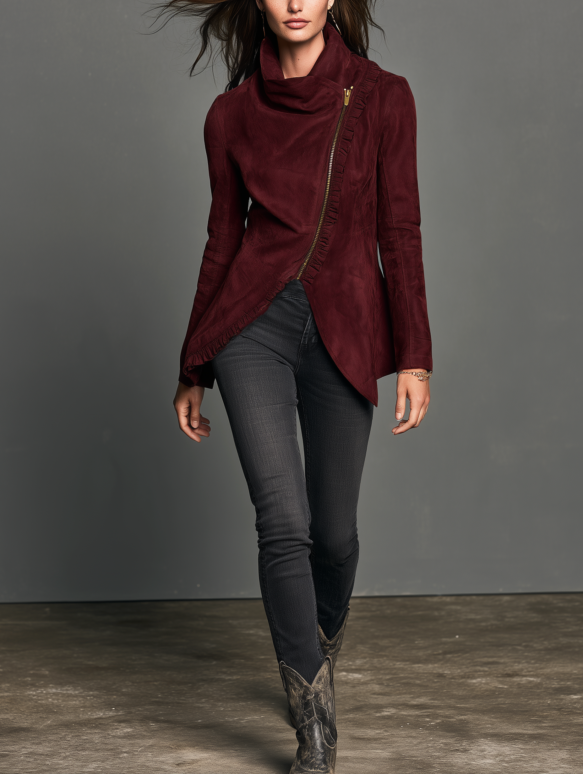Women's Casual Long-sleeve Deep Burgundy Suede Jacket