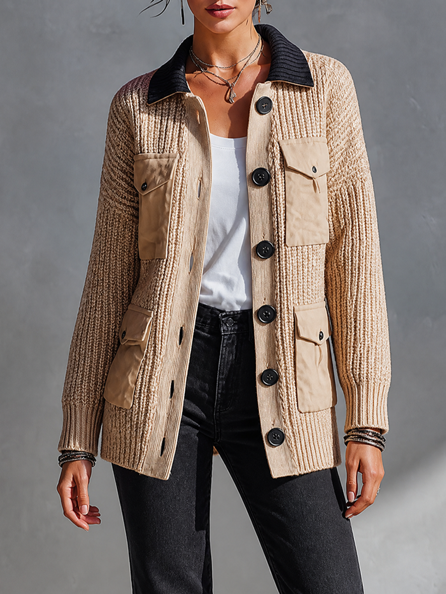 Women's Chunky Cable Knit Cardigan Jacket with Contrast Collar and Utility Pockets