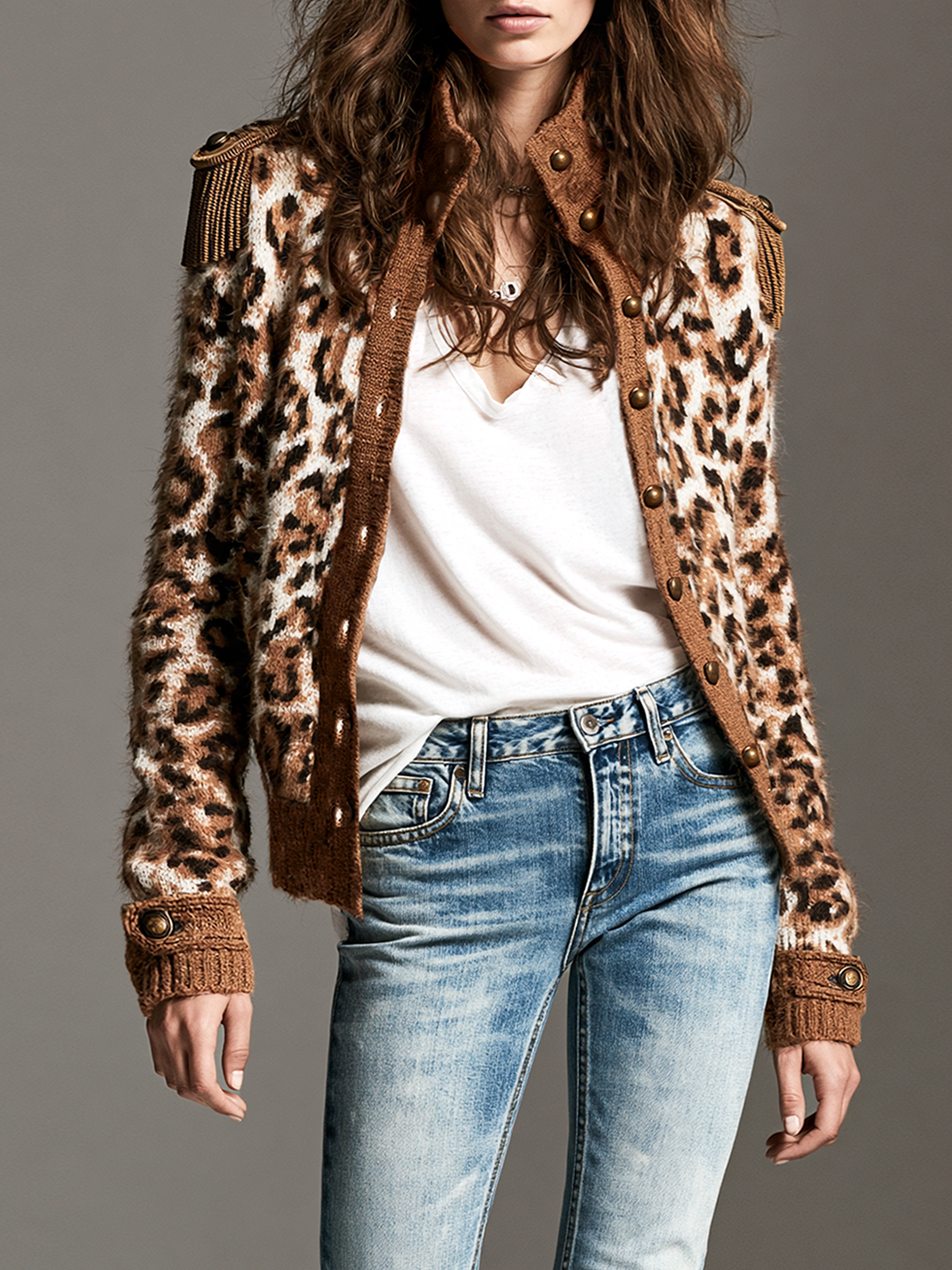 Women's Vintage Leopard Jacquard Cardigan With Tasseled Epaulets