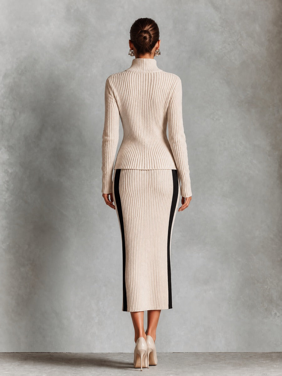 Women's Ribbed Knit Two-Piece Set - Mock Neck Button Cardigan & Contrast Stripe Midi Skirt