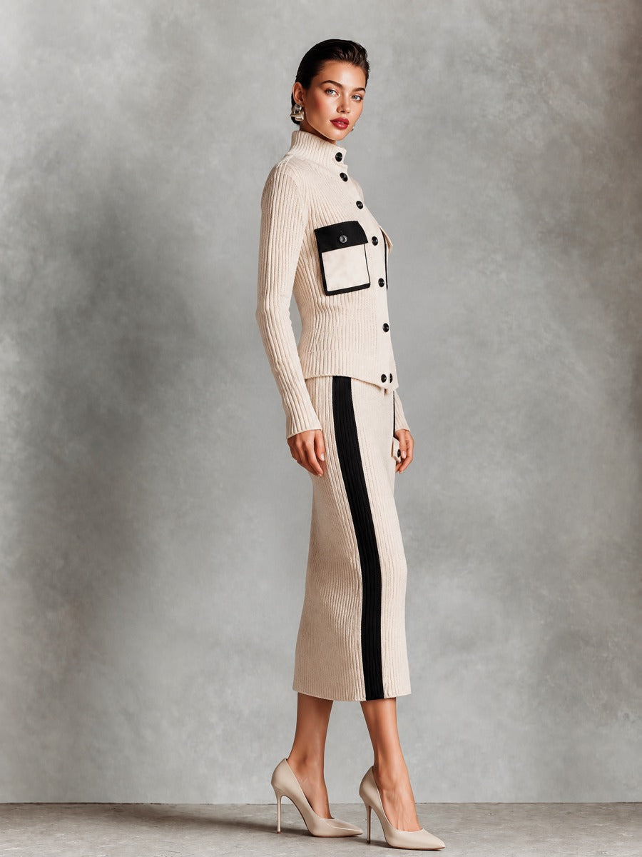 Women's Ribbed Knit Two-Piece Set - Mock Neck Button Cardigan & Contrast Stripe Midi Skirt