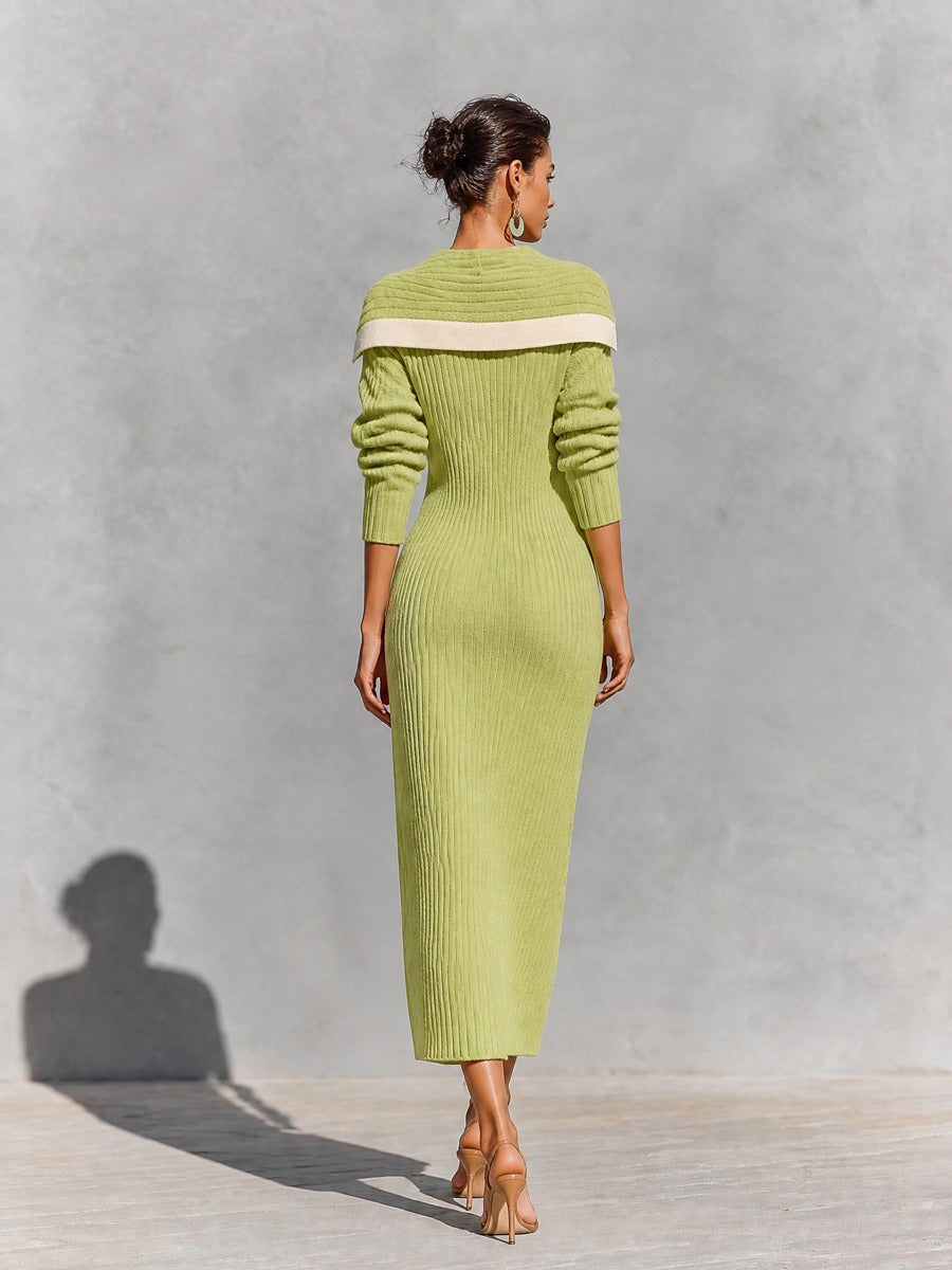 Women's Off-Shoulder Color-Block Ribbed Knit Button-Up Maxi Sweater Dress