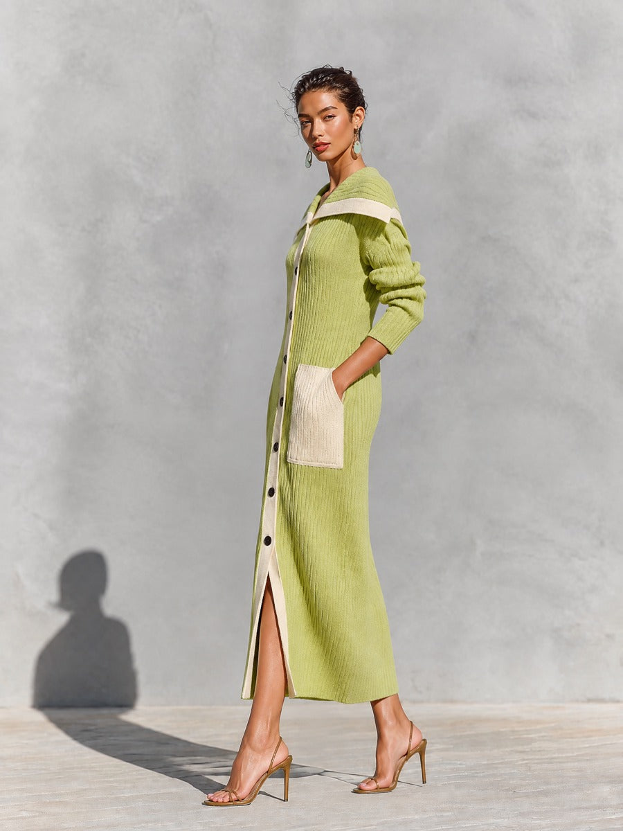 Women's Off-Shoulder Color-Block Ribbed Knit Button-Up Maxi Sweater Dress