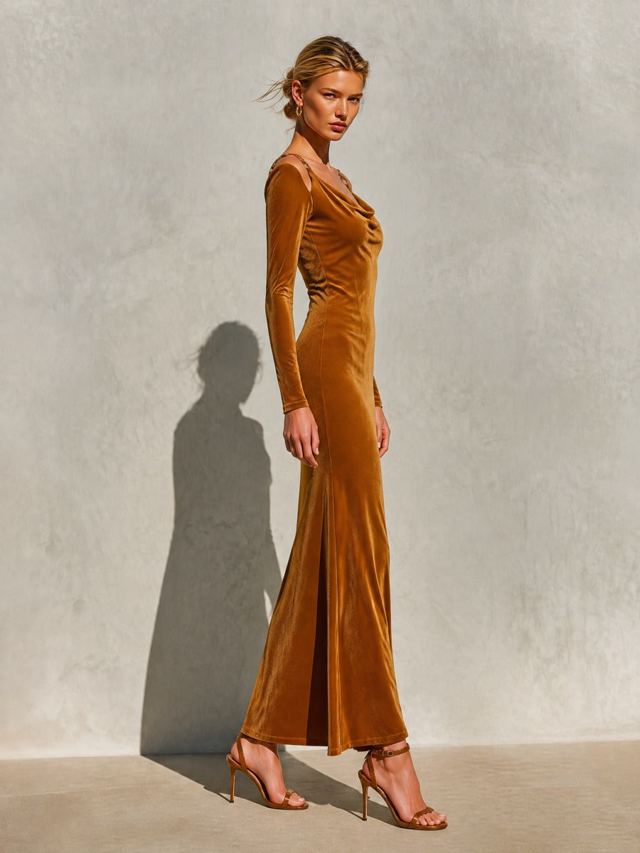 Women's Cowl Neck Cold Shoulder Velvet Maxi Dress with Chain Straps