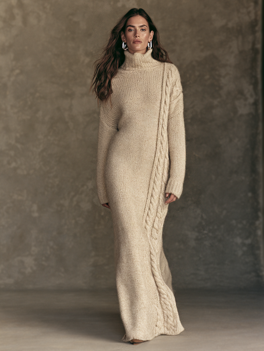 Women's Vintage High-Neck Cable-Knit Panel Maxi Sweater Dress