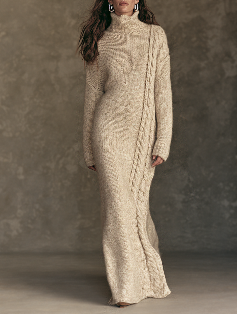 Women's Vintage High-Neck Cable-Knit Panel Maxi Sweater Dress