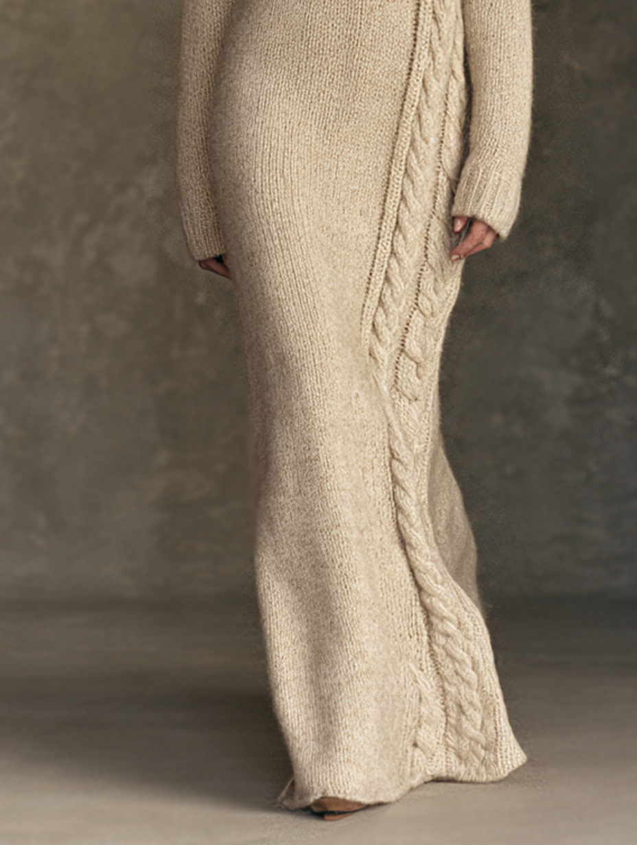 Women's Vintage High-Neck Cable-Knit Panel Maxi Sweater Dress