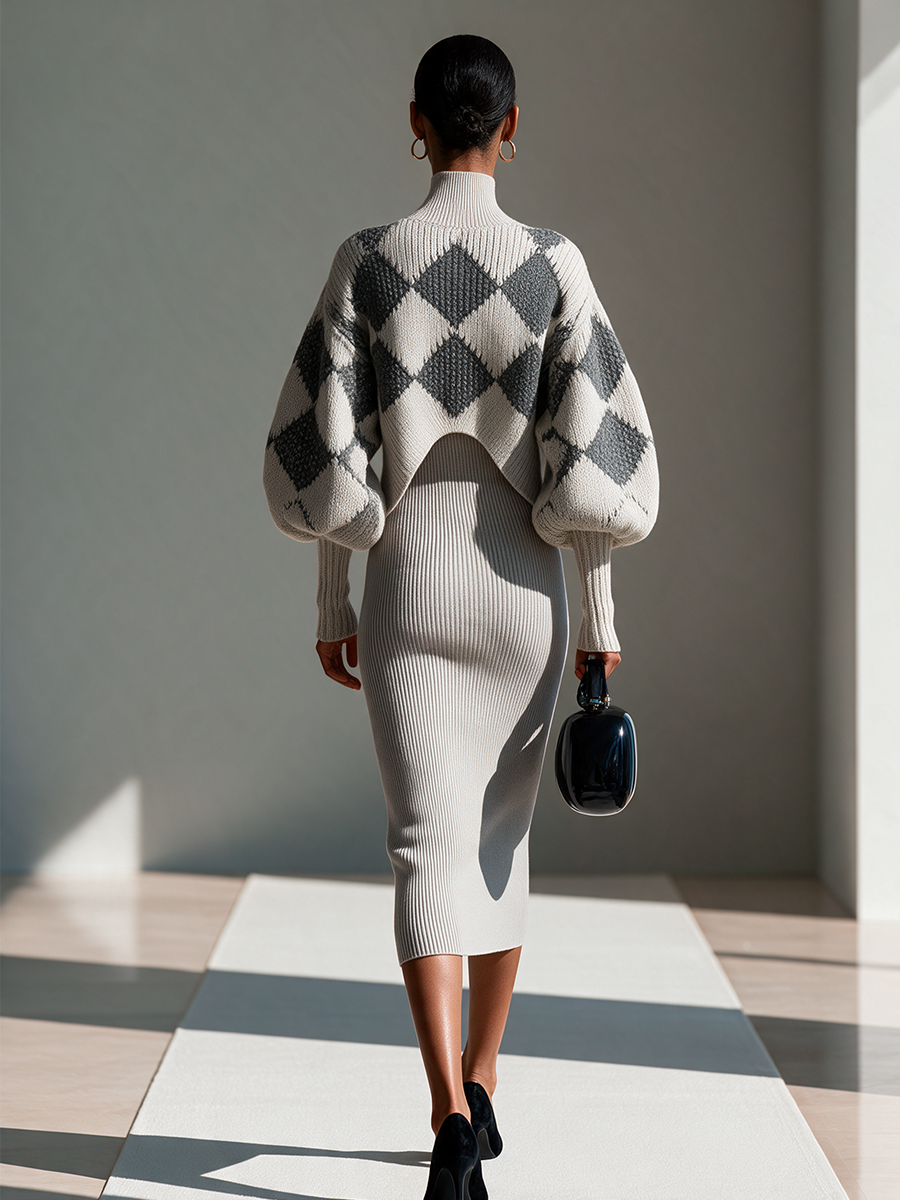 Women's Argyle Jacquard Puff‑Sleeve Cropped Knit Shrug & Sleeveless Cami Rib‑Knit Midi Dress Set