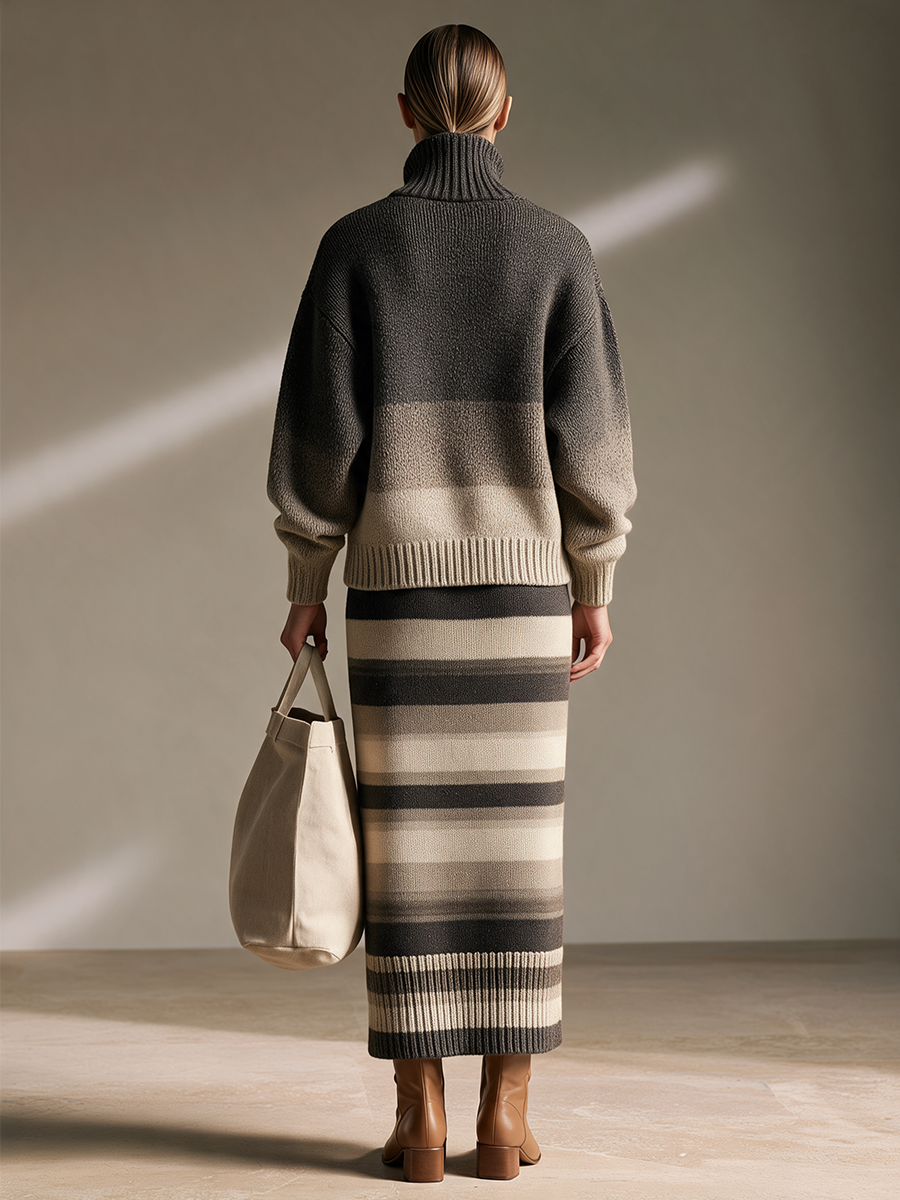 Women's Half‑Zip Turtleneck Gradient Stripe Oversized Sweater & Knit Maxi Skirt Set