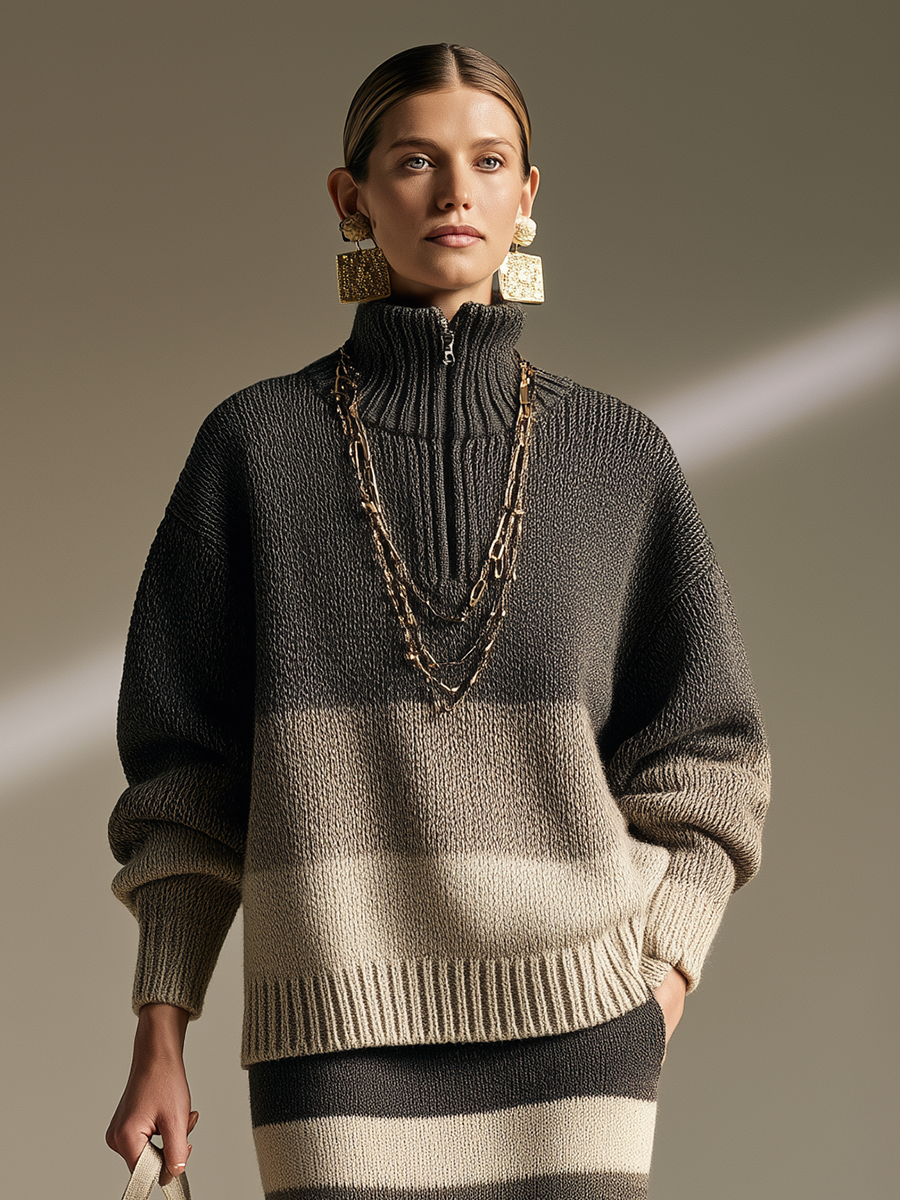 Women's Half‑Zip Turtleneck Gradient Stripe Oversized Sweater & Knit Maxi Skirt Set