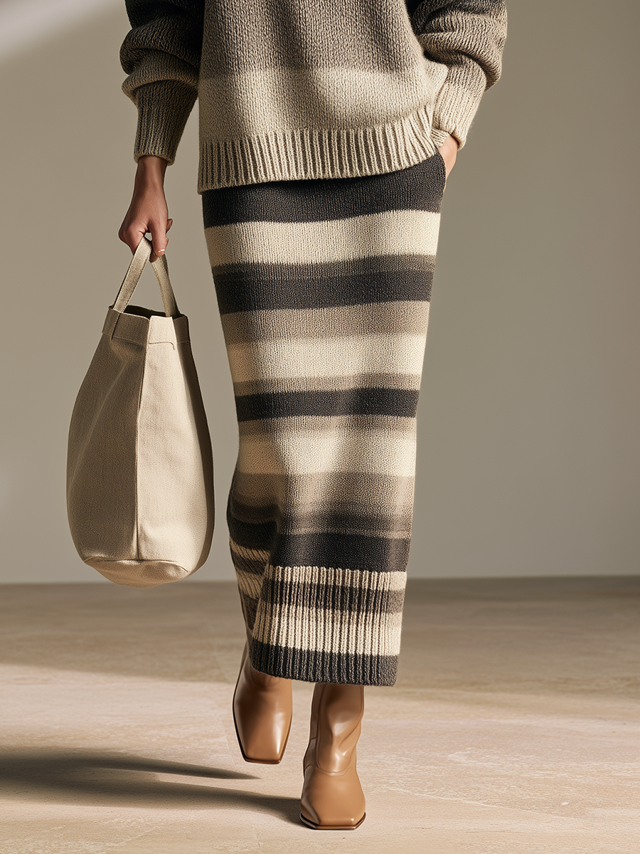 Women's Half‑Zip Turtleneck Gradient Stripe Oversized Sweater & Knit Maxi Skirt Set