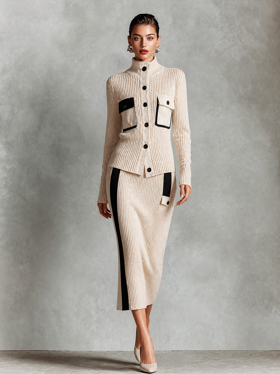 Women's Ribbed Knit Two-Piece Set - Mock Neck Button Cardigan & Contrast Stripe Midi Skirt