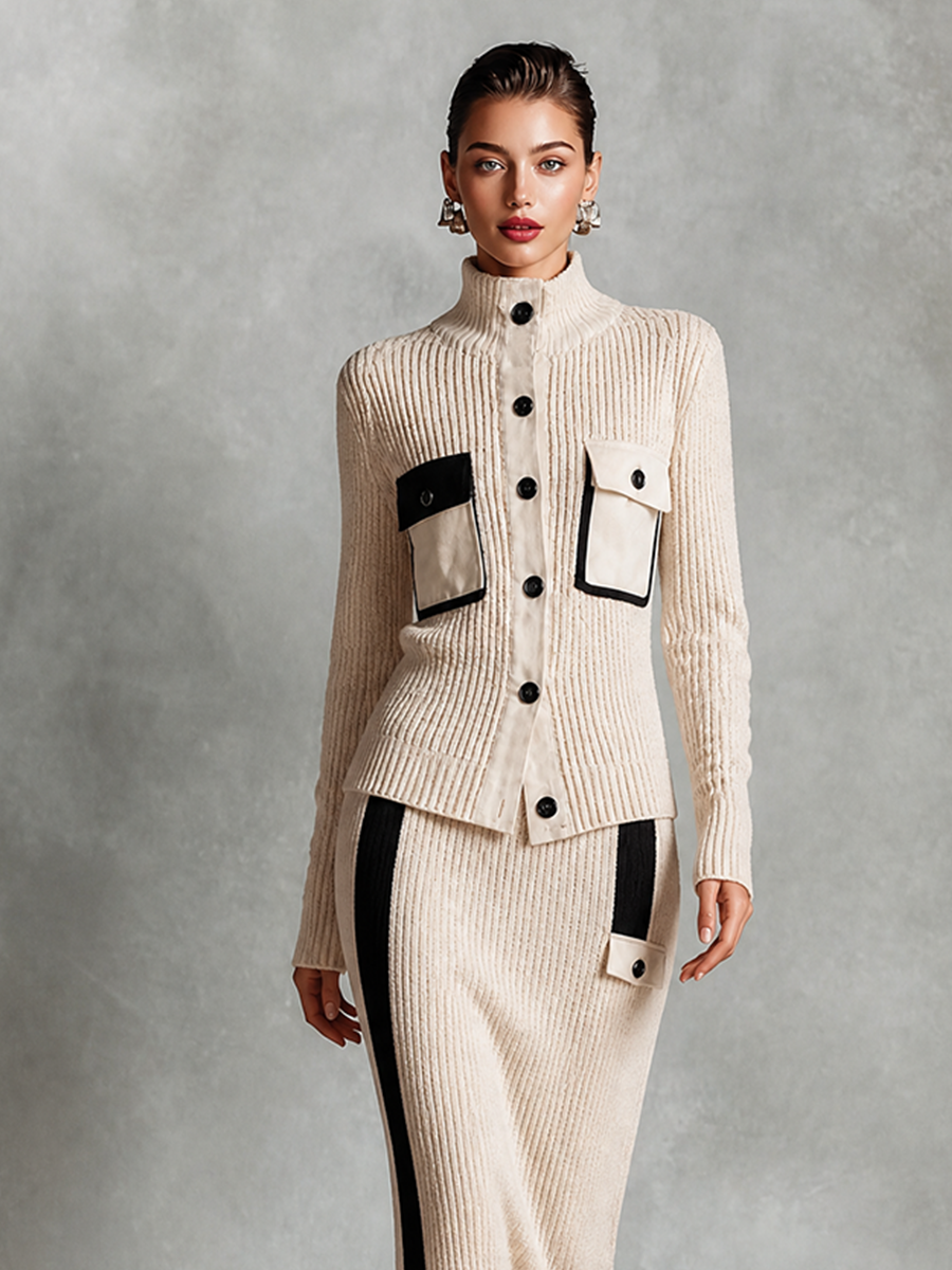 Women's Ribbed Knit Two-Piece Set - Mock Neck Button Cardigan & Contrast Stripe Midi Skirt