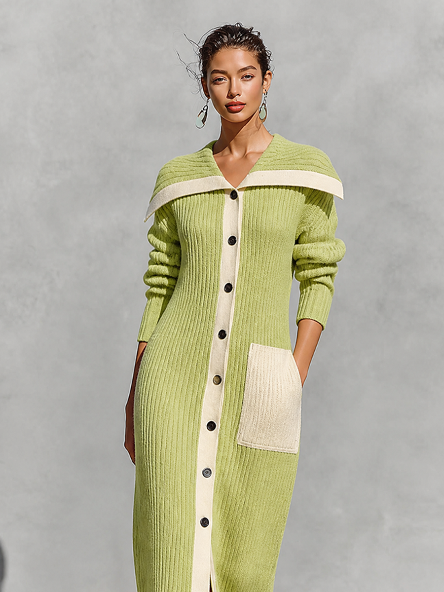 Women's Off-Shoulder Color-Block Ribbed Knit Button-Up Maxi Sweater Dress